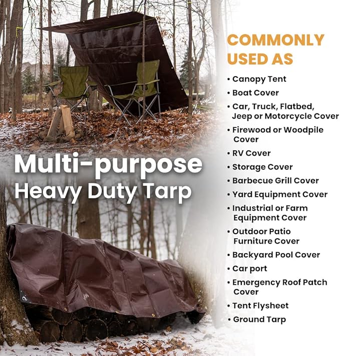 WHITEDUCK Super Heavy Duty Poly Tarp Cover 16 Mil & 10 Mil with Grommets and Reinforced Edges (Brown, White & Silver Black) (Brown- 16 Mil, 30' x 30')