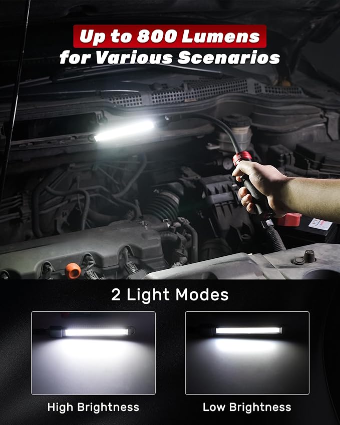 Rechargeable Work Light, 5000mAh Flexible Gooseneck LED Work Light with Magnetic Base, 800LM Portable Mechanic Light for Auto Repair, Workbench, Grill, Inspection, Black