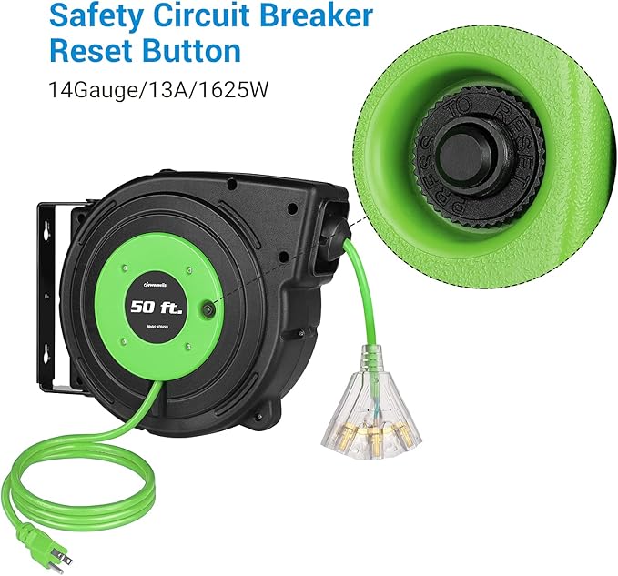 DEWENWILS Retractable Cord Reel, 50FT Extension Cord Reel, 14AWG/3C SJTOW, Grounded Outlets Lighted Triple Tap, 13 Amp Circuit Breaker, Wall/Ceiling Mountable, UL Listed