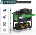 3 Tier Rolling Tool Cart on Wheels with Locking Drawer - Metal Service Cart Industrial Utility Cart for Mechanic - 350 LBS Mobile Storage Organizer for Garage (Black-Green)