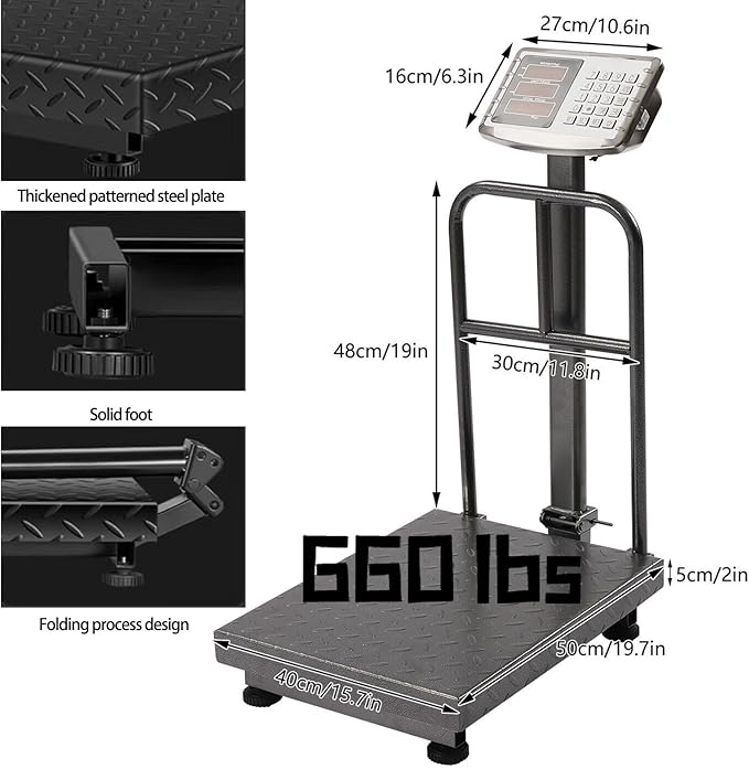 660lb Industrial Platform Scale with Removable Guardrail Digital Scale with Accurate LB/KG High-Definition Displa Foldable for Weighing Luggage Package Shipping Double Sided Display