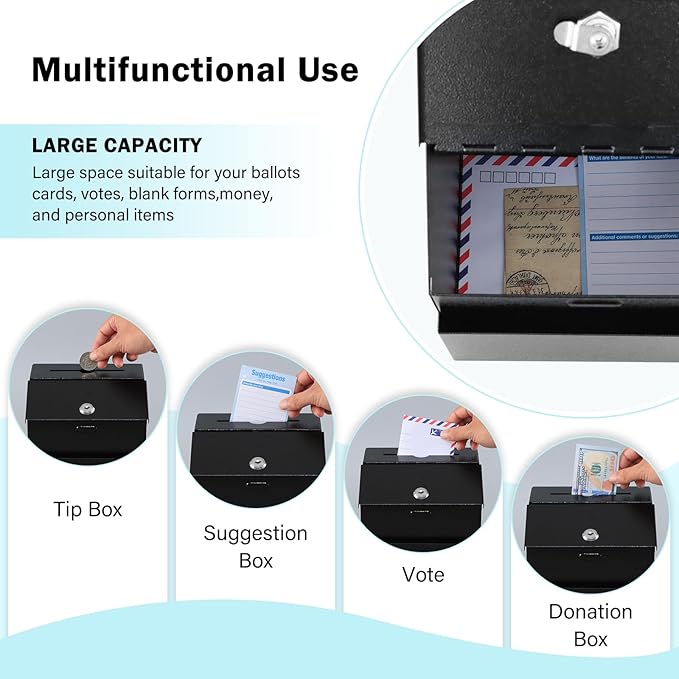 xydled Suggestion Box with Lock Wall Mountable Metal Donation/Ballot/Voting/Collection/Key Drop Box with 50 Free Suggestion Cards 7.1"x 5.7"x 8.1" Black