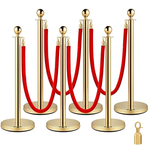 VEVOR Velvet Ropes and Posts 6 Pcs Red Velvet Rope 5 ft, Stanchions Solid Base with Ball Top, Crowd Control Barriers Gold Stanchions, Red Carpet Poles, Crowd Control Ropes and poles for Party Supplies