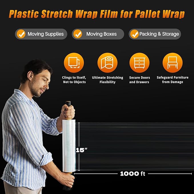 Stretch Film Shrink Wrap for Moving Supplies (15inch, 1 Pack) x 1000ft, Industrial Strength Plastic Wrap Stretch Roll for Pallet Wrapping Shipping Moving Boxes Storage Furniture with Handles, Clear