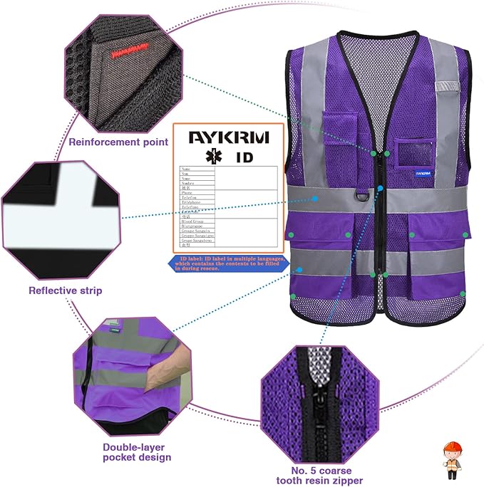 A-SAFETY High Visibility Mesh Safety Reflective Vest with Pockets and Zipper,Hi Viz Work Vest for Men Women (Purple Mesh L)