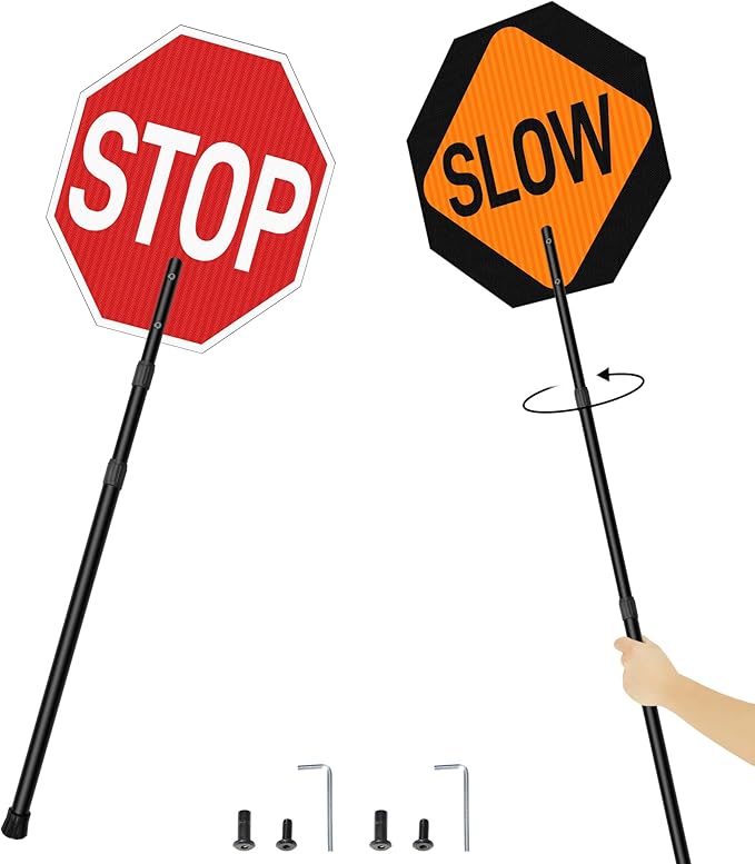 Stop Slow Sign with 66" Adjustable Handle, 18x18 Inch Double Sided Reflective Traffic Stop/Slow Paddle Sign with Telescopic Handle, Lightweight Construction Aluminum Traffic Signs for Road Safety