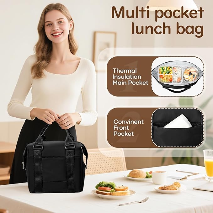 coowoz Lunch Box for Women Insulated Adult Lunch Tote Cooler Bag loncheras para mujer Lunchbox Lunchbag for Men Work Picnic Office Beach Black