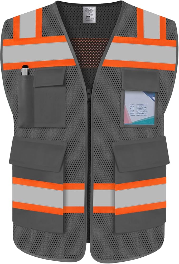 TCCFCCT Reflective Safety Vest 5 Pockets Mesh High Visibility Vest for Men Women, Hi Vis Construction Work Vest with Fluorescent Orange Edge, Durable with Reinforced Sewing, Meet ANSI/ISEA, DW-Grey, S