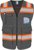 TCCFCCT Safety Vest for Men Women 5 Pockets Mesh High Visibility Reflective Vest with Reinforced Zipper, Durable Construction Work Vest with Fluorescent Orange Edge, Meets ANSI/ISEA, DW-Grey, 5XL