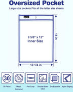 SUNEE 30 Packs Oversized Reusable Dry Erase Pocket Sleeves with 2 Rings, 10 Assorted Colors 10x14 Ticket Holders, Clear Plastic Sheet Protectors, Teacher School Classroom Supplies