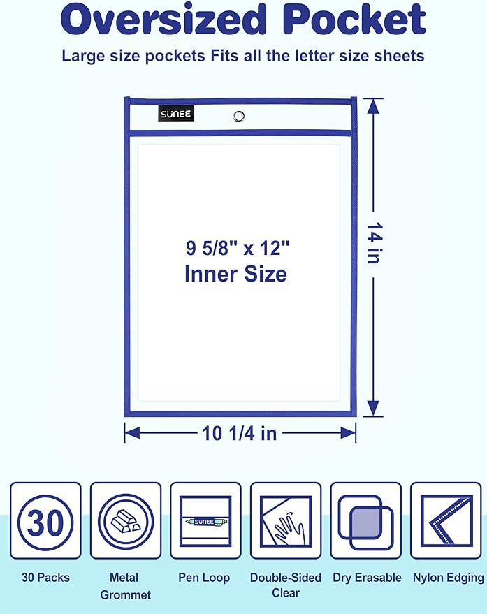SUNEE 30 Packs Oversized Reusable Dry Erase Pocket Sleeves with 2 Rings, 10 Assorted Colors 10x14 Ticket Holders, Clear Plastic Sheet Protectors, Teacher School Classroom Supplies