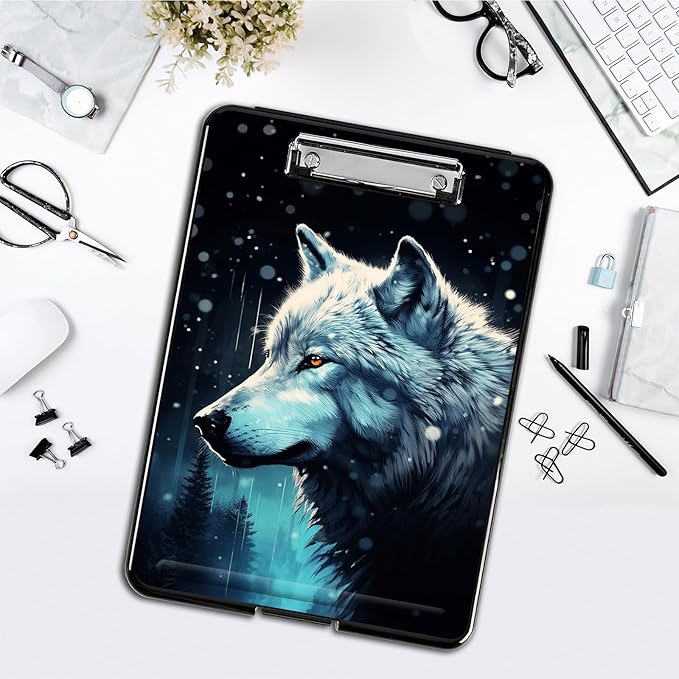 Clipboard with Storage,Office Supplies Nursing Clipboards Folder with Pen Holder Plastic Foldable Clip Board with Storage for Nurse Teacher,Misty Forest Wolf