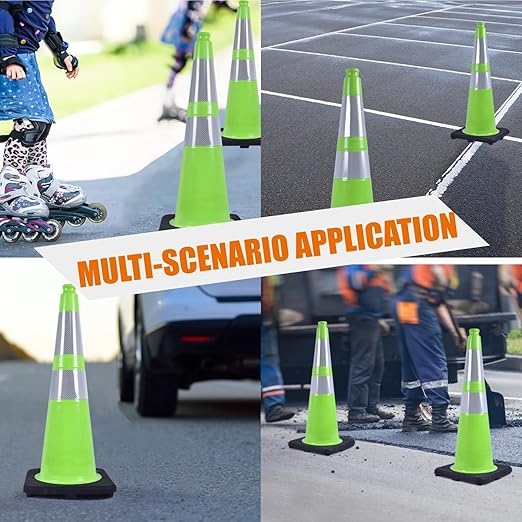 28 inch Traffic Safety Cones Road Cones, Construction Cone with Rubber Base & Reflective Collars, Restorable Parking Cones, Heavy Duty Road Cones for Traffic Control & Road Safty(Green-8 Pack）