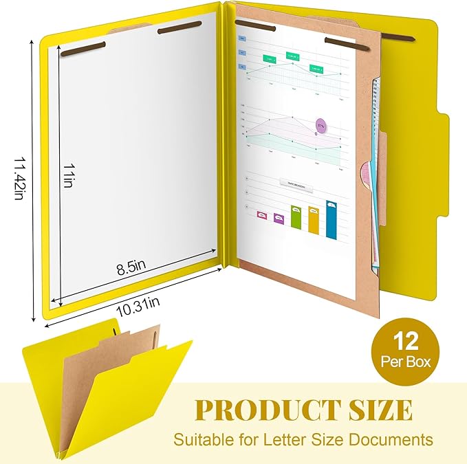 Skyygemm 12 Pack Classification Folders Letter Size Bulk with Divider and 2" Expansion, Pressboard Folder with 2 Prong Fasteners for Teachers, Clergy, Office, Church, Christmas Donations(Yellow)