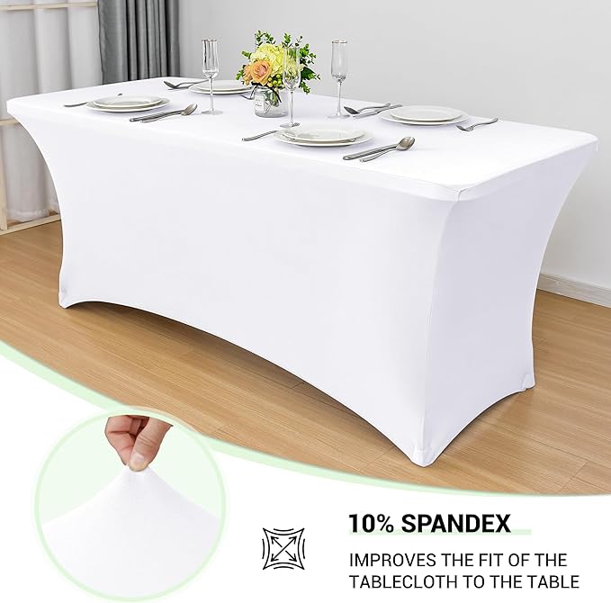 Obstal 10-Pack Stretchy Spandex Tablecloth for 6 Foot Rectangular Table - Universal Fitted Table Covers, Ideal for Weddings, Banquets & Events (White, 72" L x 30" W x 30" H)