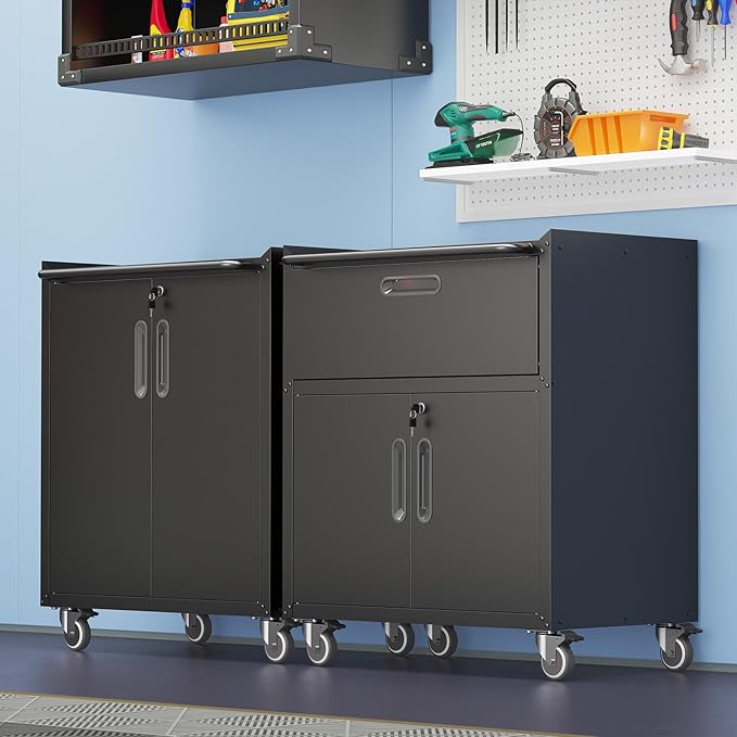 Metal Storage Cabinet with Wheels, Rolling Tool Chest with Adjustable Shelf & Handle, Lockable Garage Cabinet with 1 Drawer and 2 Doors, Mobile Steel Locker for Home, Office, Workshop, Black