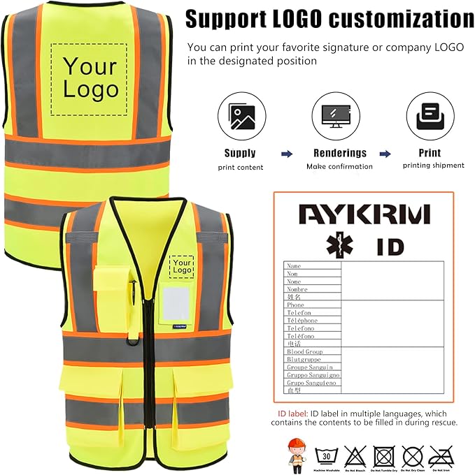AYKRM 11 color High Vis Reflective Safety Vest for Women Men Security Pocket Zipper