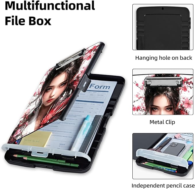 Clipboard with Storage Box & Pen Holder,Heavy Duty Clip Boards 8.5x11 for Nursing,High Capacity,School & Office Supplies,Dragon Blossom