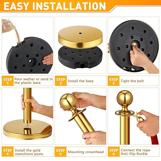 8 Pack Upgraded Stainless Steel Stanchions and Velvet Ropes 5FT Extended Red Carpet Ropes Poles Crowd Control Safety Barriers Set with Stable Base for Theaters Parties Wedding Exhibition (Gold)