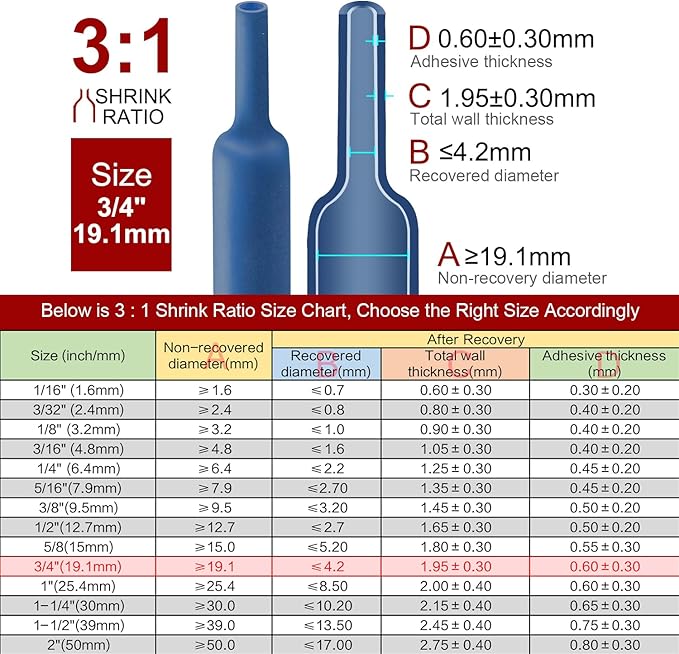 Chanzon 3:1 Ratio - 80ft Roll - Heat Shrink Tubing 3/4" (19.1mm) - Marine Grade Waterproof Adhesive Lined - (25M Total Length) Blue Polyolefin Sleeving Wrap Shrinking 3 to 1 Ratio 1pcs