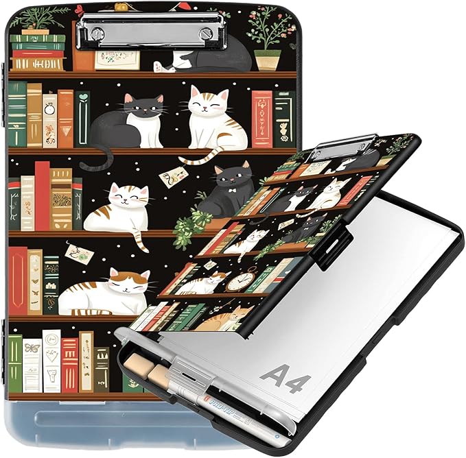 Clipboard with Storage Compartment, 8.5 x 11 Letter Size Side Opening Clip Board with Pen Holder, Hard Portable Clipboard Organizer for Nurse, Teacher, Contractor, Jobsite, Bookshelf Cat