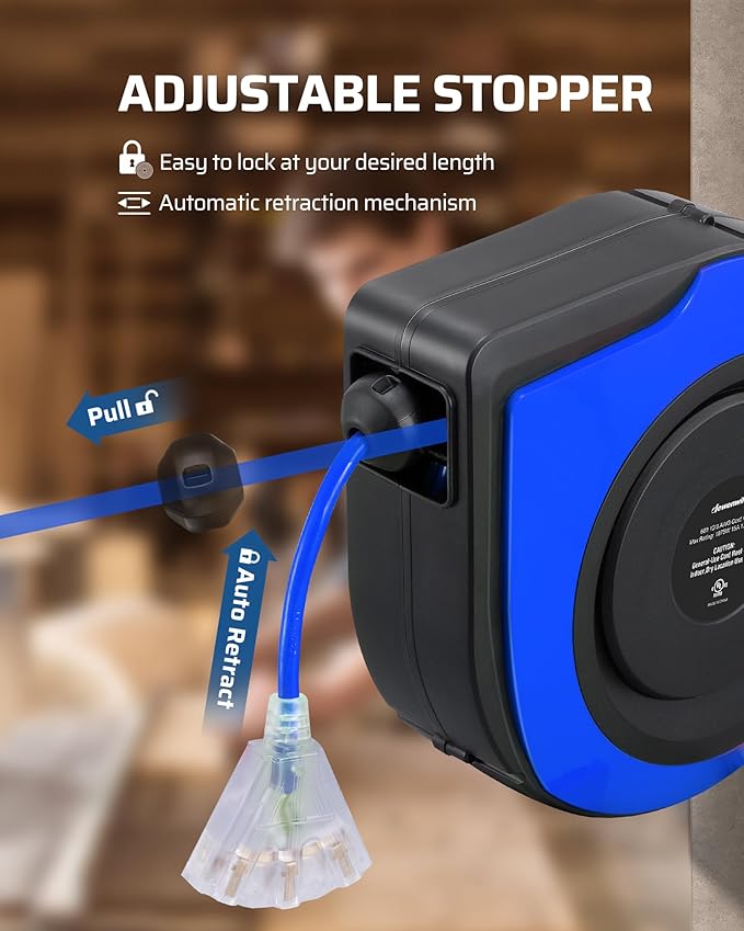 DEWENWILS Retractable Cord Reel, 60FT Heavy Duty Extension Cord, 12AWG/3C SJTOW, 3 Grounded Outlets Lighted Triple Tap, 15A Circuit Breaker, Wall/Ceiling Mounted for Garage, Workshop, UL Listed, Blue