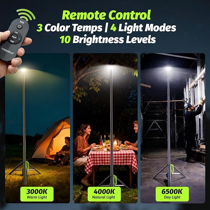 Camping Light with Stand, 8.4 FT Rechargeable Work Light, 6000mAh 3000/4000/6500K Dimmable Portable LED Work Light 3000LM for Outdoor,Sports, Emergency, Gift(Remote and Carrying Bag Included)