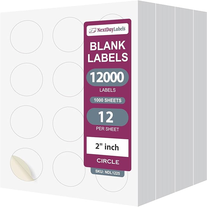NextDayLabels - 2 Inch Round Labels For Bleeds - Sticker Labels for Printer - Matte White Blank Laser/Inkjet Printer Labels - Circle Stickers Printable Labels (1000 Sheets, 12 Per Sheet, 12000 Labels)