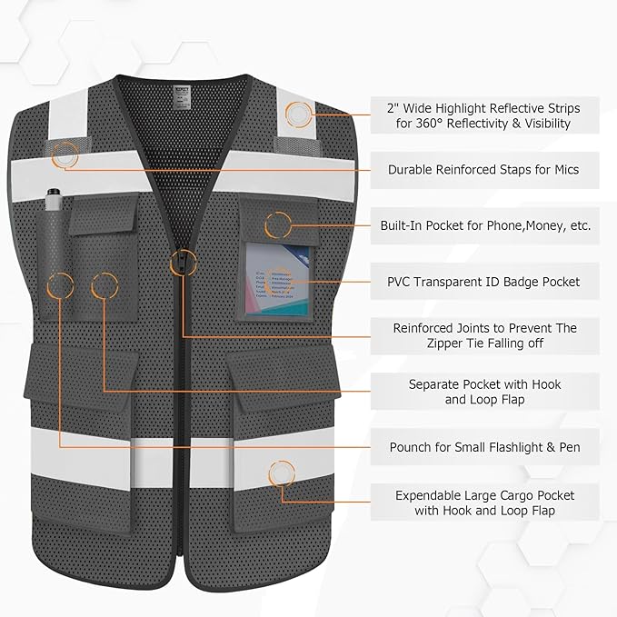 TCCFCCT Mesh Safety Vest for Men Women 5 Pockets Reflective Vest with Reinforced Zipper, High Visibility Construction Work Vest with Tabs for Walkie-talkie, Durable to Use, Meets ANSI/ISEA, Grey, 5XL