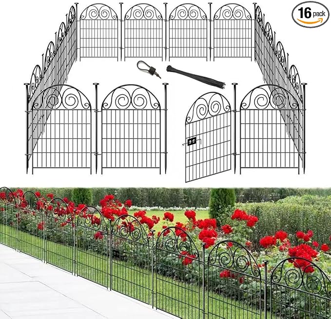 Tall Garden Fence Animal Barrier with Gate, 32 in(H) 16 Panels Garden Fences and Borders for Dogs, Dog Fence Outdoor for Yard, Total Length 35 Ft Metal Temporary Fencing│Patented