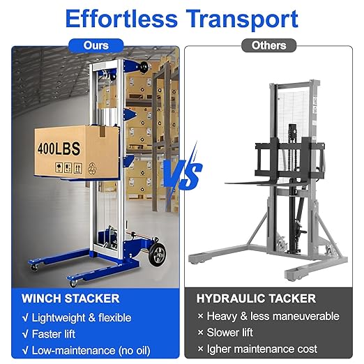 122" 400lbs Material Lift Winch Stacker with Upgrade Winch, Hand Winch Lift Truck with Adjustable Straddle Leg, Manual Material Lifter Pallet Stacker for Contractor, Workshop, Industrial