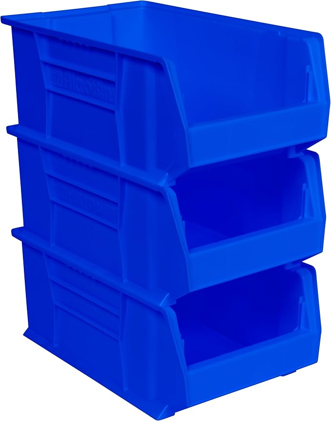 Akro-Mils 30281 Super-Size AkroBins Plastic Storage Bins, Space-Saving Stackable Bins for Garage, Classroom, Warehouse Organization, 20-Inch L x 12-Inch W x 8-Inch H, Blue, 3-Pack