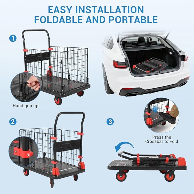 Platform Truck Cart with Cage, 35 * 23 * 20 in 1000LBS Capacity Folding Cart with Wheels,Heavy Duty Hand Moving Cart,Foldable Dolly with Basket for Warehouse Luggage Moving
