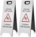 2 Pcs 24 Inch Stainless Steel Wet Floor Sign, Heavy Duty Caution Wet Floor Sign Double Sided Portable Foldable Bilingual Safety Warning for Restaurant Restroom Office Avoid Fall(Silver)