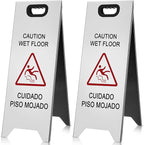 2 Pcs 24 Inch Stainless Steel Wet Floor Sign, Heavy Duty Caution Wet Floor Sign Double Sided Portable Foldable Bilingual Safety Warning for Restaurant Restroom Office Avoid Fall(Silver)