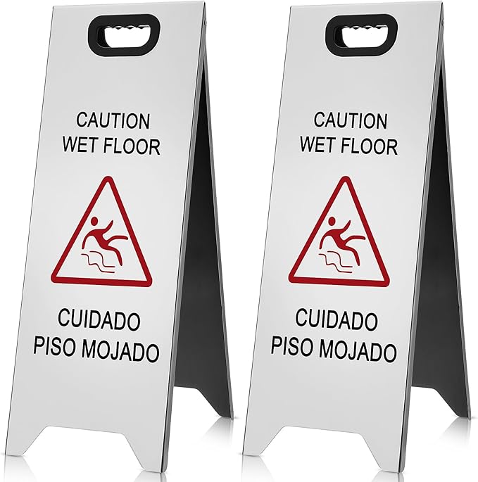 2 Pcs 24 Inch Stainless Steel Wet Floor Sign, Heavy Duty Caution Wet Floor Sign Double Sided Portable Foldable Bilingual Safety Warning for Restaurant Restroom Office Avoid Fall(Silver)