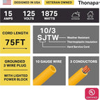 10 Gauge Outdoor Extension Cord 75 ft with 3 Outlets - Weatherproof Heavy Duty Extension Cord, Multiple Outlets 75 Foot, 10/3 SJTW Yellow Cable with 3 Prong Grounded Plug, 15 Amp