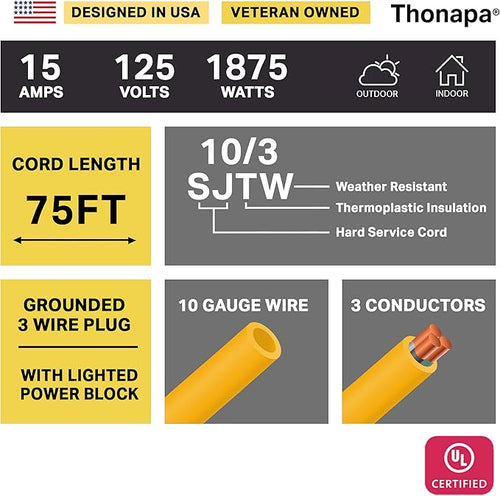 10 Gauge Outdoor Extension Cord 75 ft with 3 Outlets - Weatherproof Heavy Duty Extension Cord, Multiple Outlets 75 Foot, 10/3 SJTW Yellow Cable with 3 Prong Grounded Plug, 15 Amp
