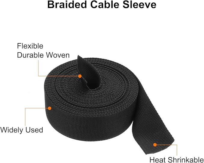 MECCANIXITY Braided Cable Sleeves Heat Shrinkable Fabric Sleeving, 1" 33ft Black 2:1 Ratio Heat Shrinkable Cord Protector for Harness Cable, Network Cable Protection, Cable Management
