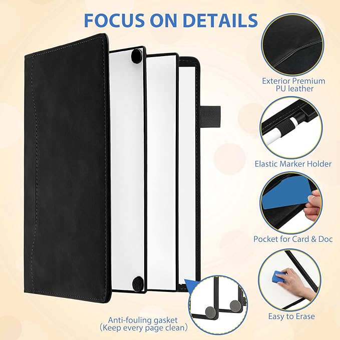 6 Sides Whiteboard Notebook Portable Whiteboard Dry Erase Notebook Portable Dry Erase Board Double Sided Folding Whiteboards White Board for Office Study Meeting(Black,A5: 6"×9”)