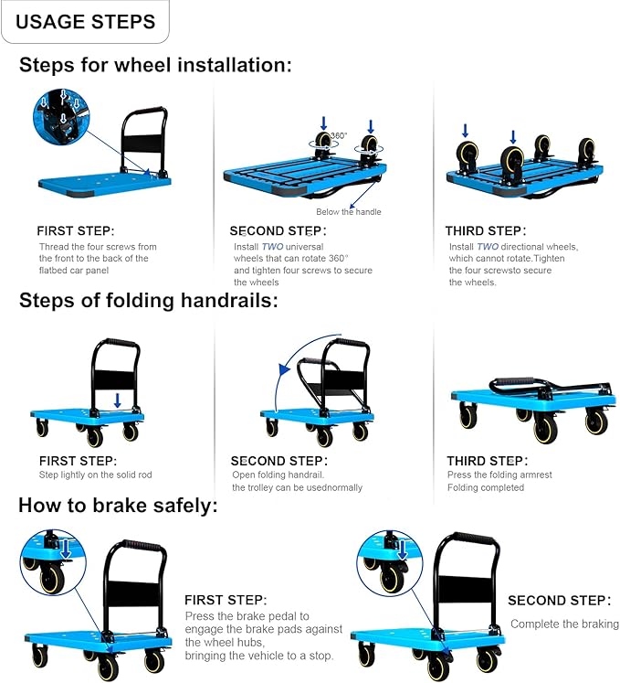WUD Foldable Hand-Push Platform Truck with Brake, 360-Degree Swivel Wheels, 35.4”L x 23.6”W, 880 lb Load Capacity, Suitable for Luggage, Travel, Moving, Shopping, Office, Home Garden, Blue