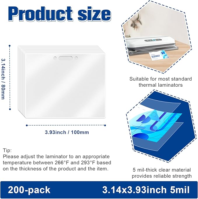 200 Pack 5mil 3.14''*3.93" Thermal Laminating Pouches Badge Laminate Pouches Clear Laminated Luggage Tags Printable Laminator Pouches for Business Permits Cards (200, 2.94"x4.13"-5mil-with Holes)