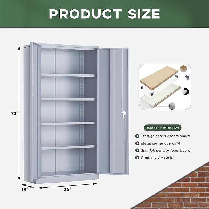 Greenvelly Metal Storage Cabinet, 72" Lockable Metal Garage Storage Cabinet with Doors and 4 Adjustable Shelves, Locking Steel Cabinet for Home Office, Garage, Shop, School (Dark Grey 36" W x 18" D)
