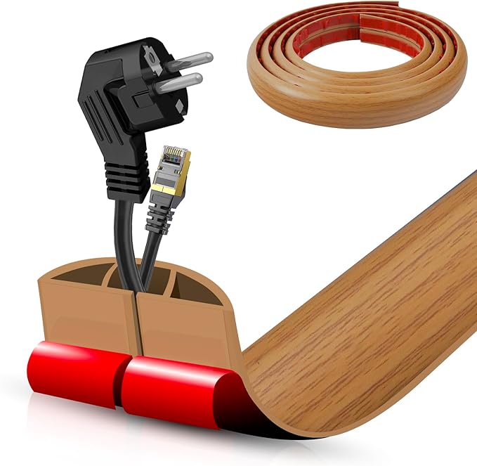 Floor Cord Cover Self Adhesive Cord Hider,20FT Cable Management, Extension Strip Protector for Wires, Prevent Cable Trips for Offices, Gyms, Exhibitions Cavity:0.47"(W) x 0.35"(H) Brown Wood