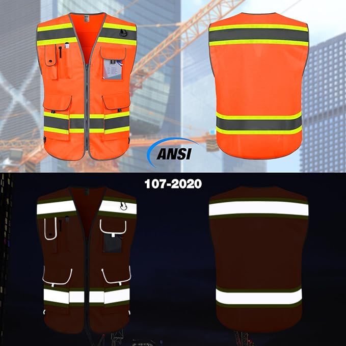 TCCFCCT Safety Vest 9 Pockets High Visibility Reflective Safety Vest for Men Women, Hi Vis Work Vest with Fluorescent Yellow Extend Edge for Workers, Surveyors, Meets ANSI/ISEA, (DB-Orange, 3X-Large)