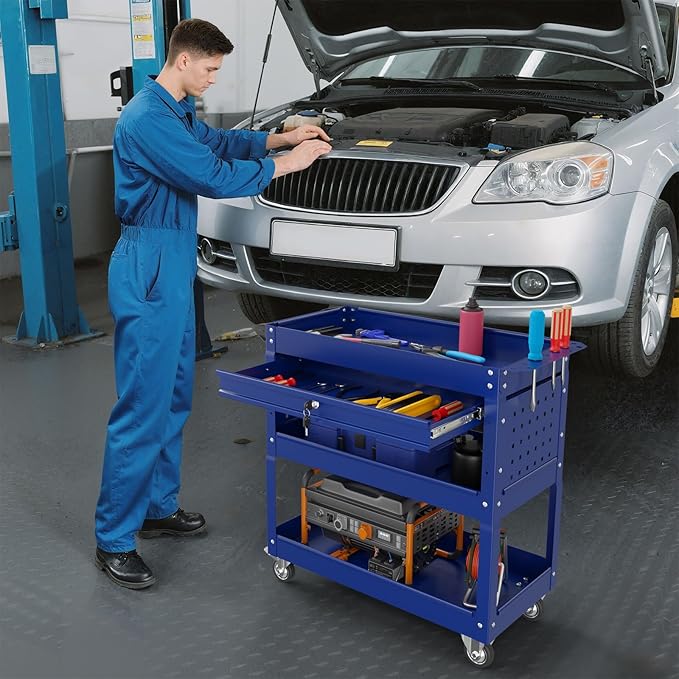 3 Tier Rolling Tool Cart on Wheels, 450 LBS Capacity Tool Cart with Drawers, Heavy Duty Rolling Utility Cart on Wheels, Rolling Tool Work Carts for Garage, Warehouse and Repair Shop,Blue