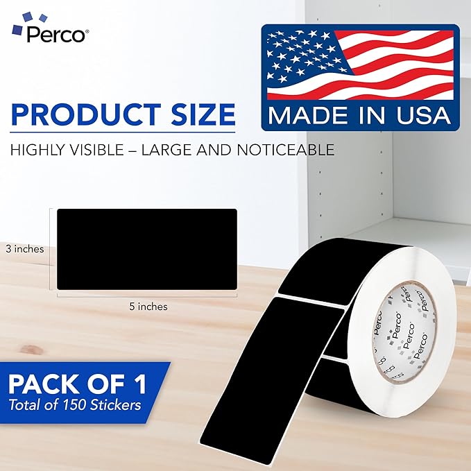 Perco Black 3x5 Inch Perforated Sticker Labels — 150 Stickers Per Roll — with Permanent Adhesive for Inventory Management, Color Coding, Moving Boxes, Retail, Organizing, Crafting & More — Made in USA