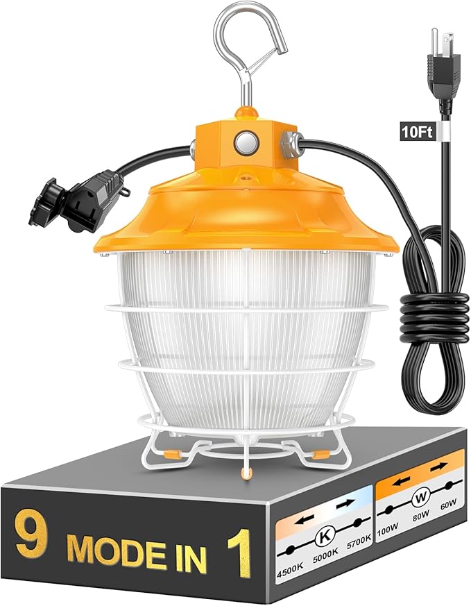 LED Temporary Work Light 60W 48W 36W Tunable 4500K 5000K 5700K Tunable 9000LM Portable Hanging Linkable Construction Light ETL DLC Listed with ON/Off Button for Job Site, Workshop