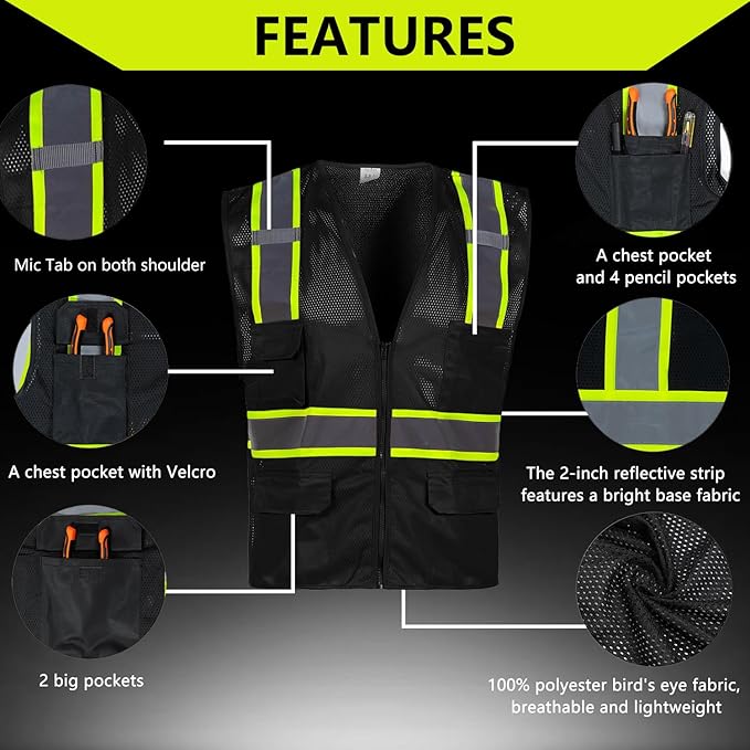 FONIRRA 3 Pack Hi Vis Safety Vest for Men with 8 Pockets,Hi Vis Reflective Mesh Vest for Men for Construction