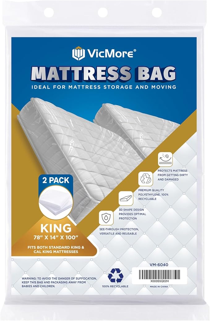 VICMORE 2 Pack King Mattress Bags for Moving, Storage & Disposal – Clear Heavy-Duty Plastic Covers, Tear-Resistant & Dustproof, Recyclable